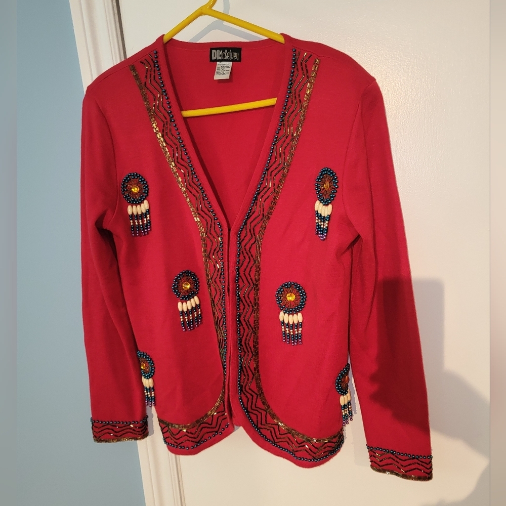 Vintage DL Mckelvey Cardigan Sweater  Seed Beads And Dream Catchers Size Medium